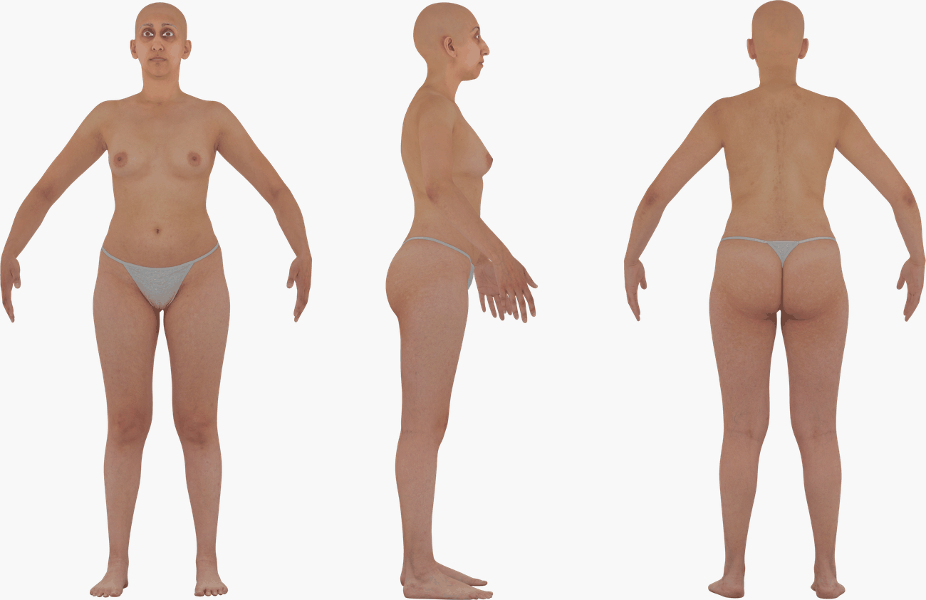 PBR texture map set for a female 3D body scan including Albedo, Normals, Specular, Metalness and Diffuse at 16K